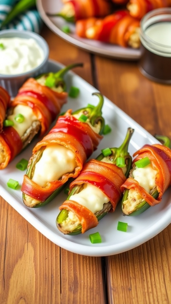 Air Fryer Bacon-Wrapped Stuffed Jalapeños Recipe Crispy bacon-wrapped stuffed jalapeños on a plate, garnished with green onions.
